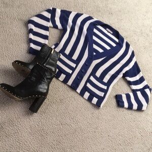 J.CREW/ROYAL-NAVY & WHITE STRlPE V-NECK BUTTON FRONT CARDIGAN/ NEW